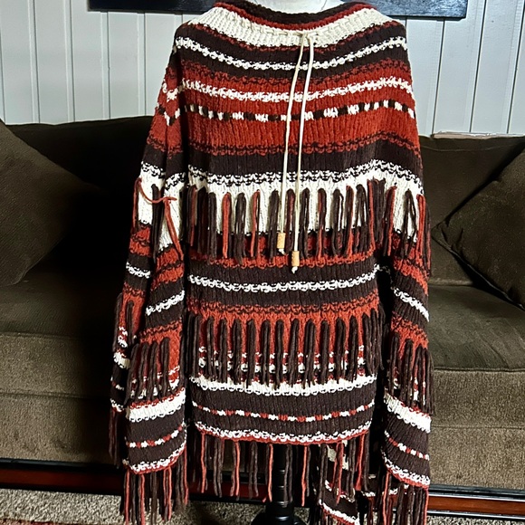 Vintage • Southwestern• Alpaca Fabric • Brown/Beige • One Size • Fringe • Poncho - Picture 3 of 14